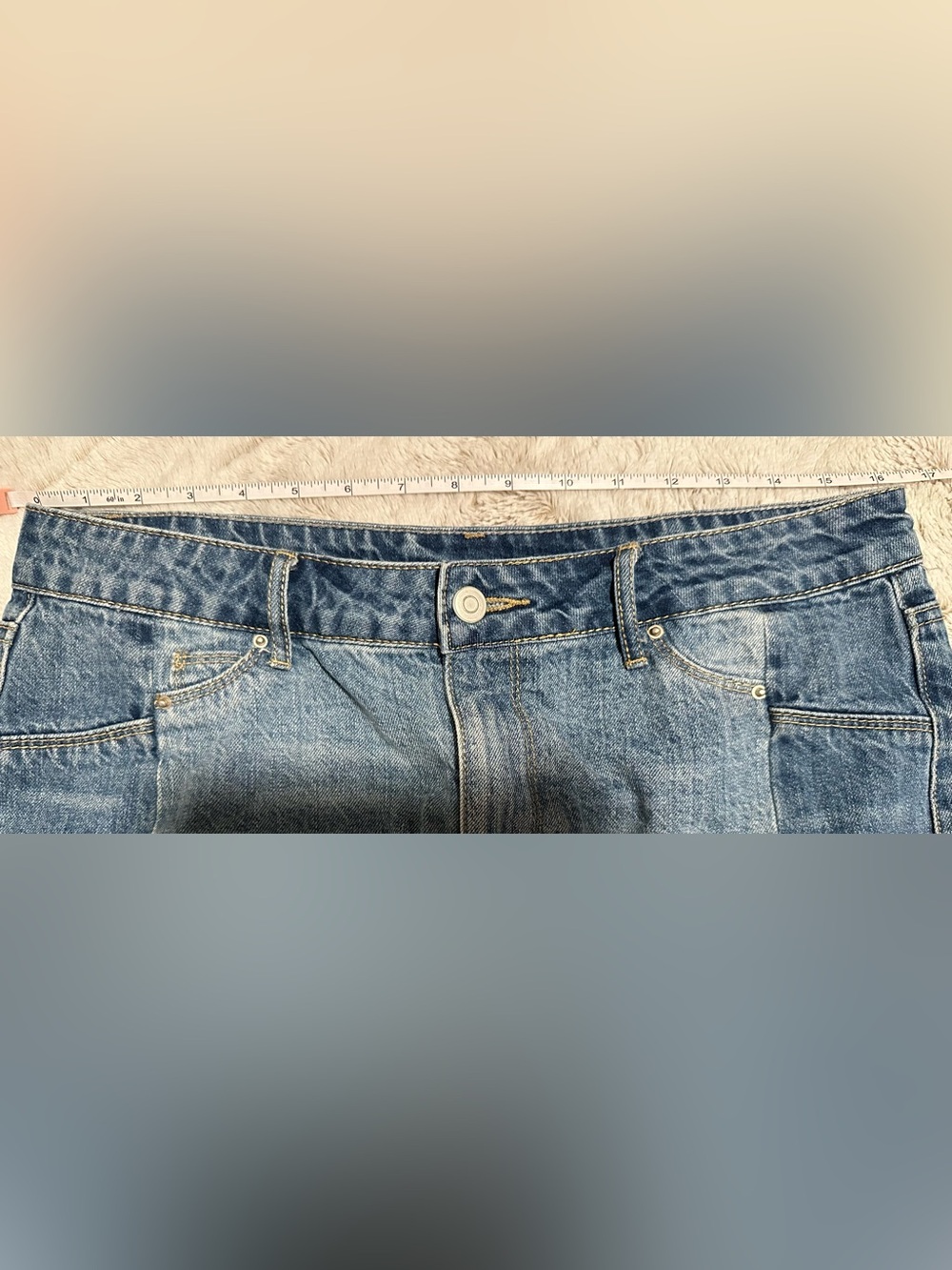 Gianni Bini Two-Tone Blue Denim Patchwork Raw Hem Skirt Size Large - Picture 5 of 10